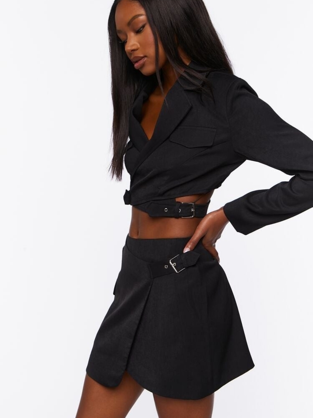Forever 21 Black Cropped Belted Blazer and Skirt Set